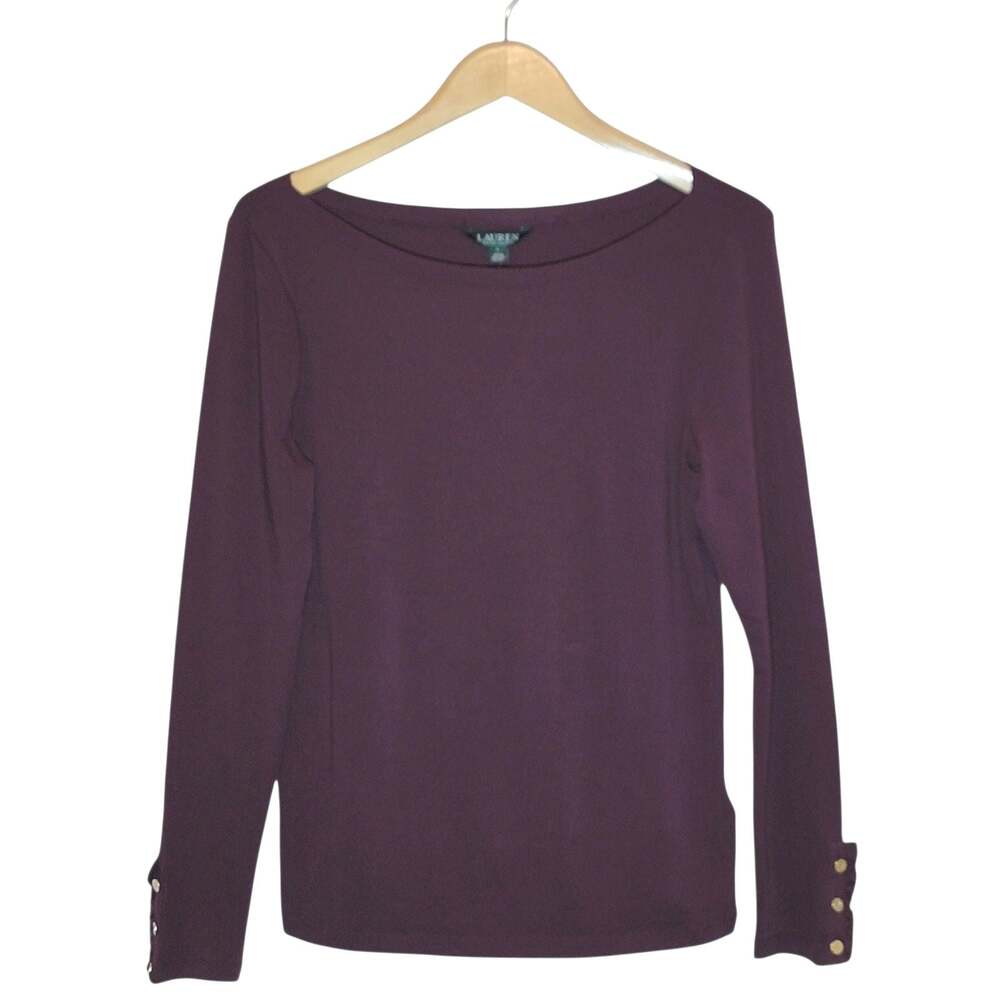 Ralph Lauren Boatneck Long Sleeve Ruffle Cotton Top Burgundy Purple L NWT